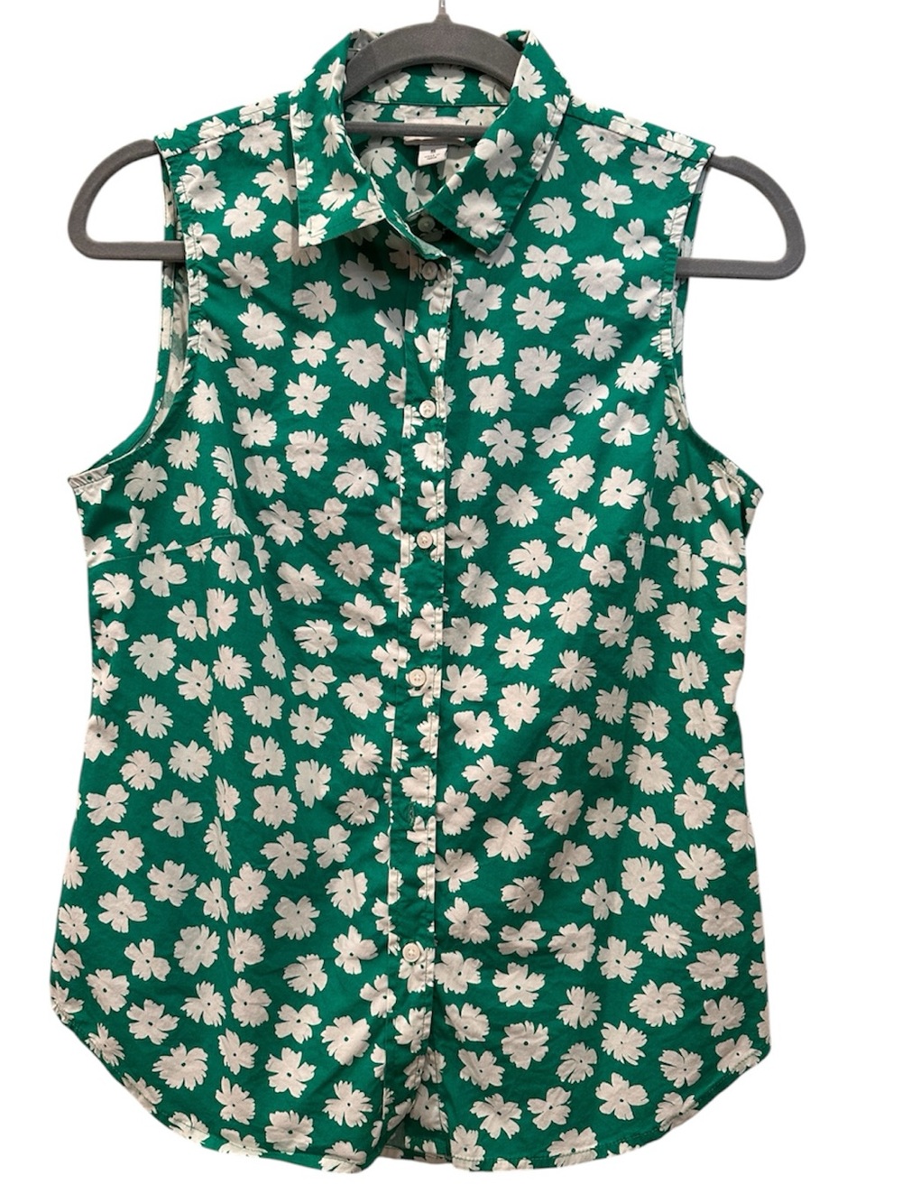 J. Crew Green Poplin Button Down Sleeveless Floral Shirt Top Signature Fit Sz S